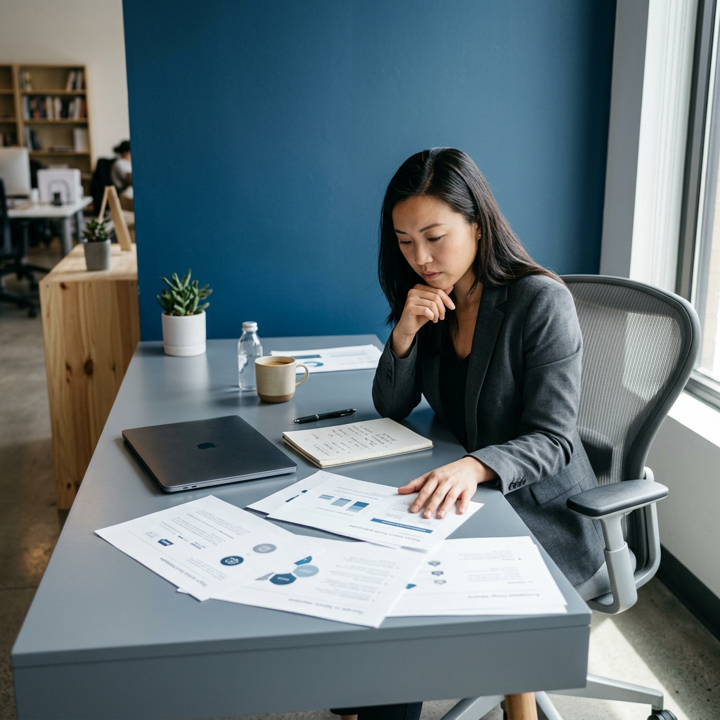 Founder reviewing pitch deck slides at desk