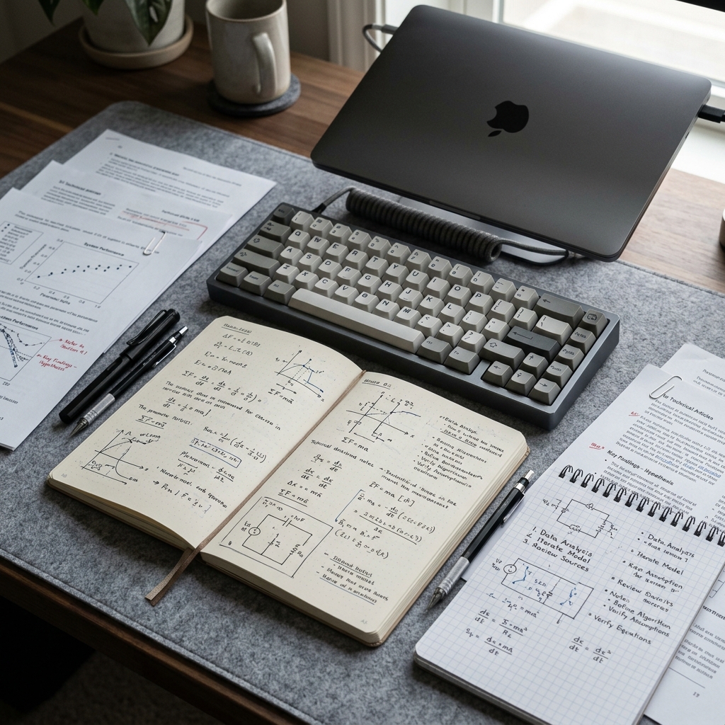 Focused workspace with technical documentation and keyboard