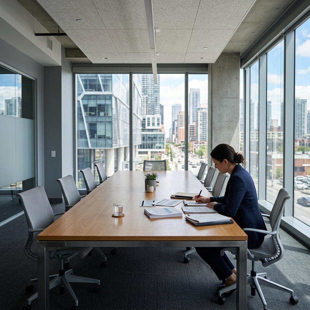 Professional analyzing regulatory landscape from office