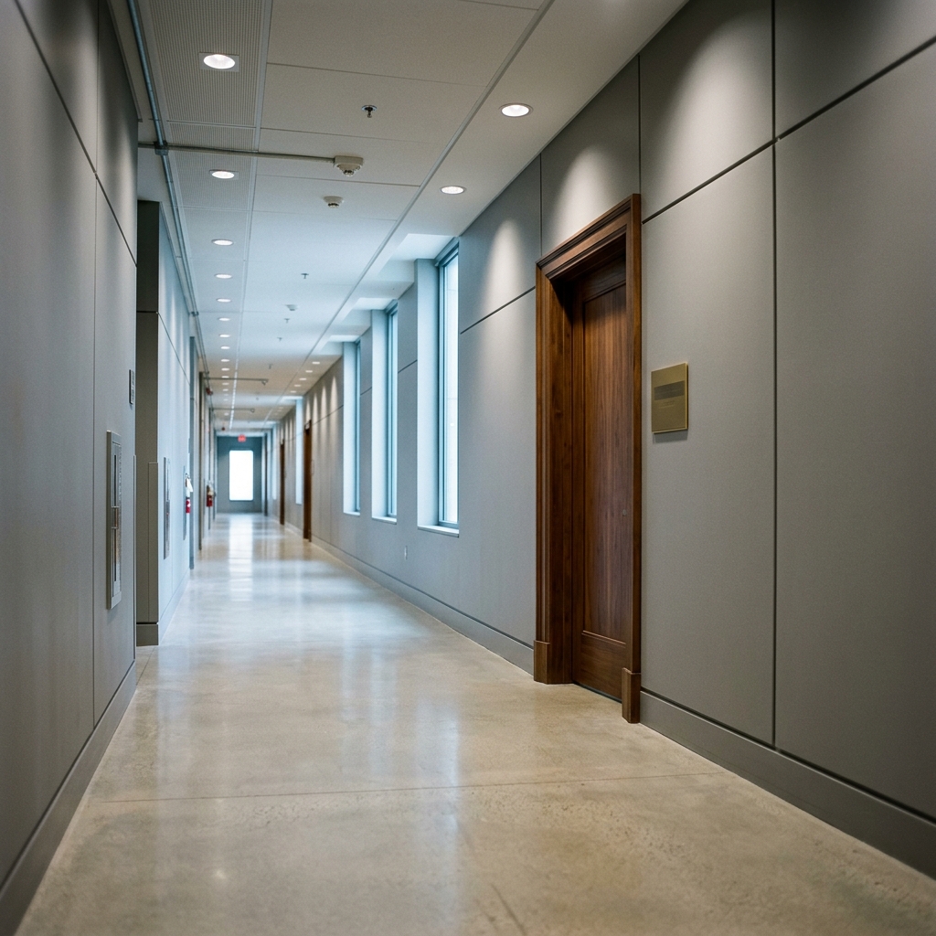 Closed federal office door in institutional hallway