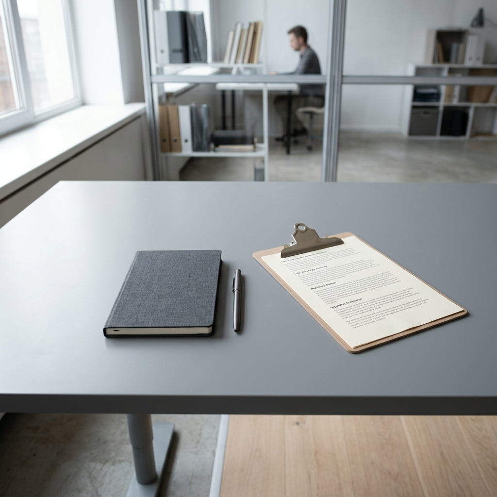 Minimalist professional workspace with regulatory documentation