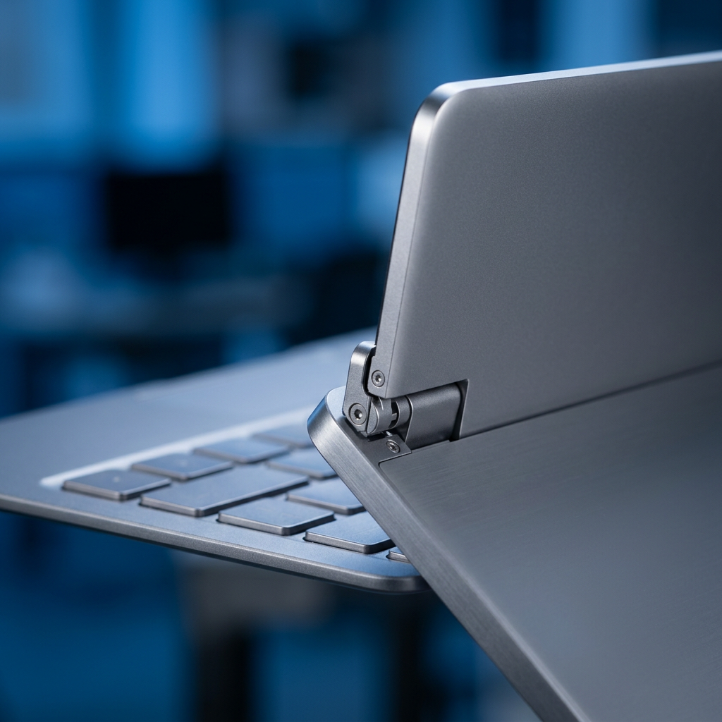 Close detail of laptop hardware and keyboard engineering