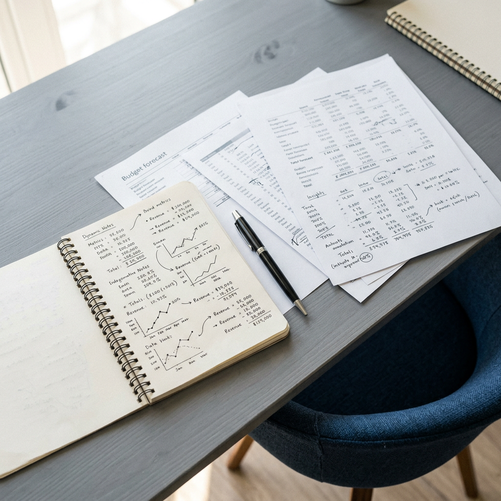 Financial documents and analytical notes on workspace desk
