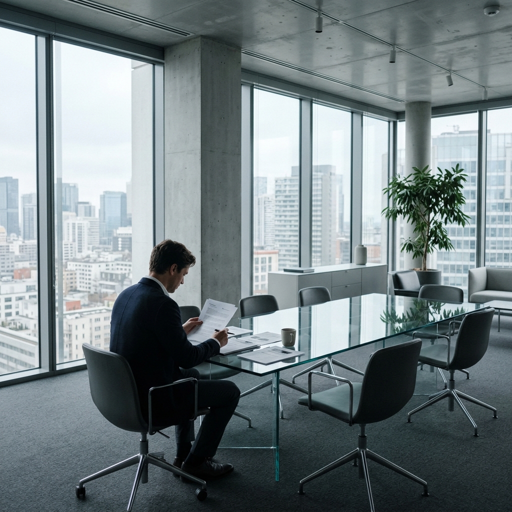 Professional reviewing investment criteria at modern office workspace