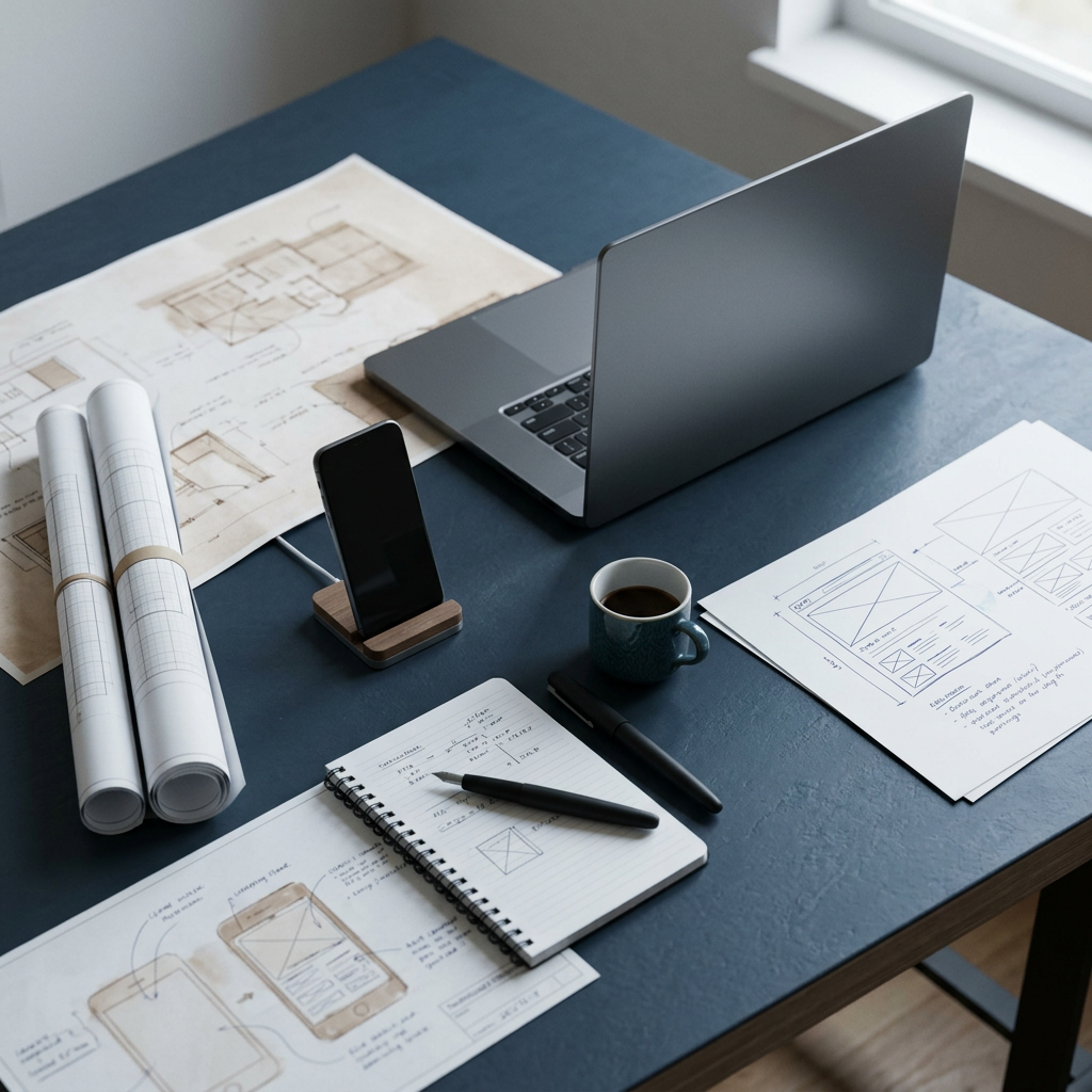 Overhead view of security-focused technical workspace