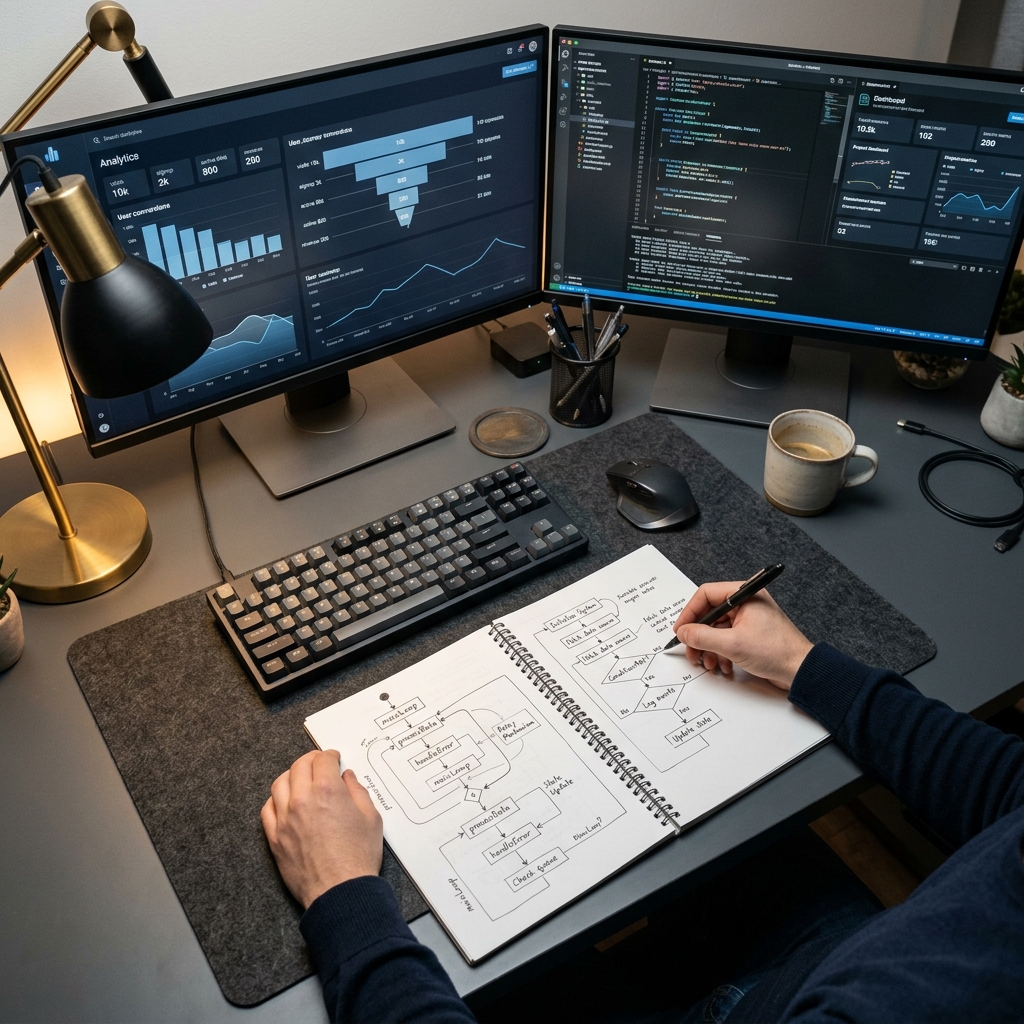 Developer analyzing growth loop metrics at desk
