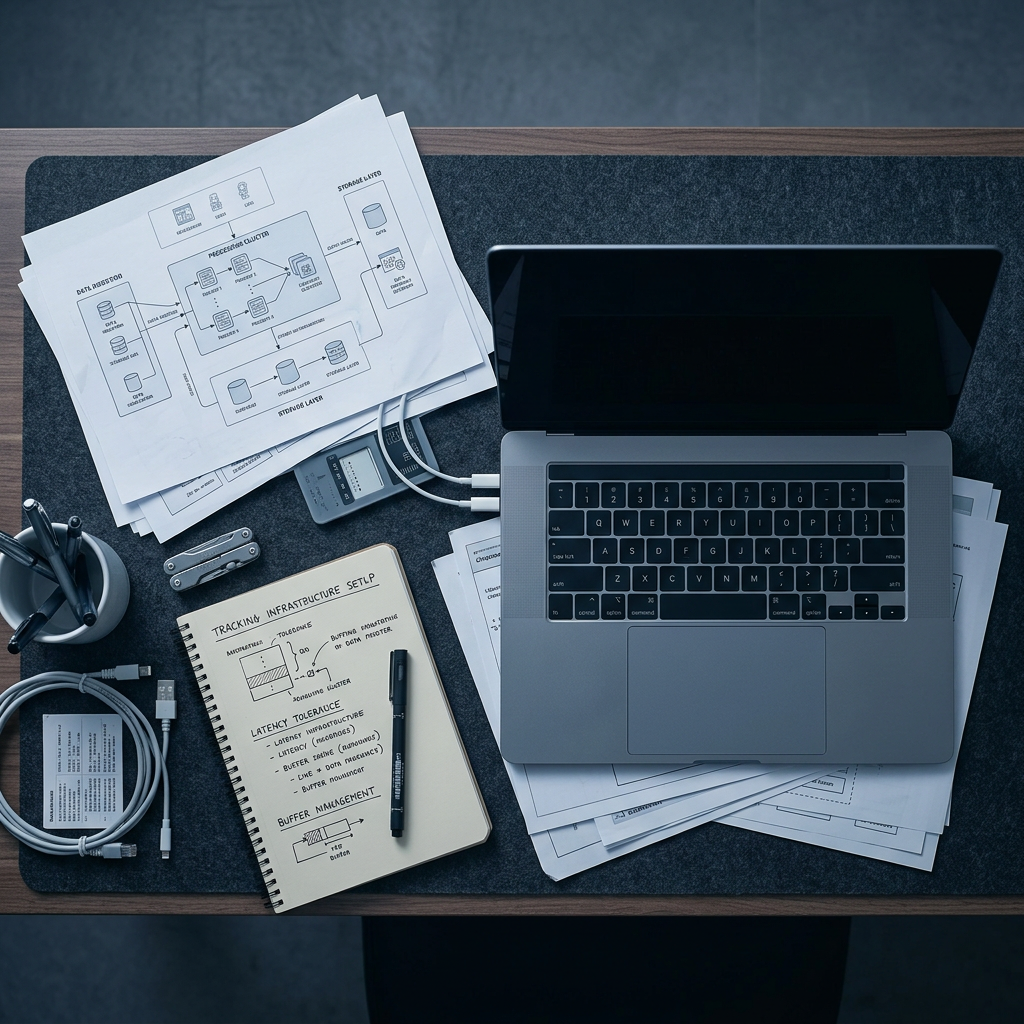 Technical workspace with tracking architecture diagrams and blueprints