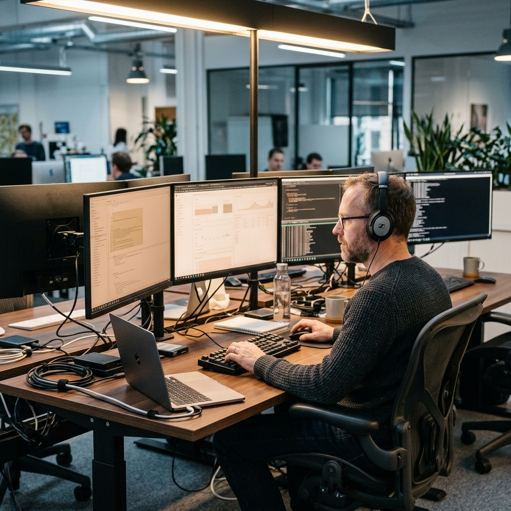 Engineer monitoring multiple analytics systems from rear view