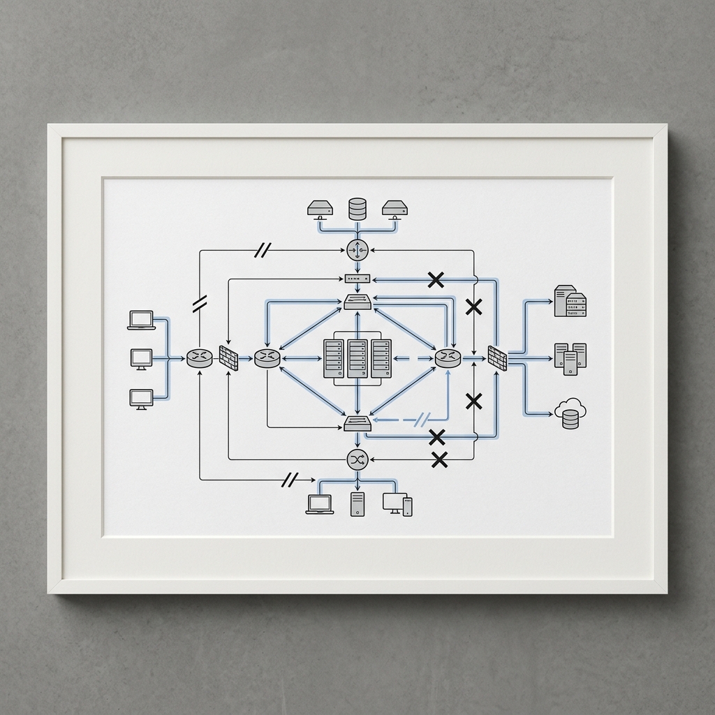 Network infrastructure diagram showing data flow interruptions