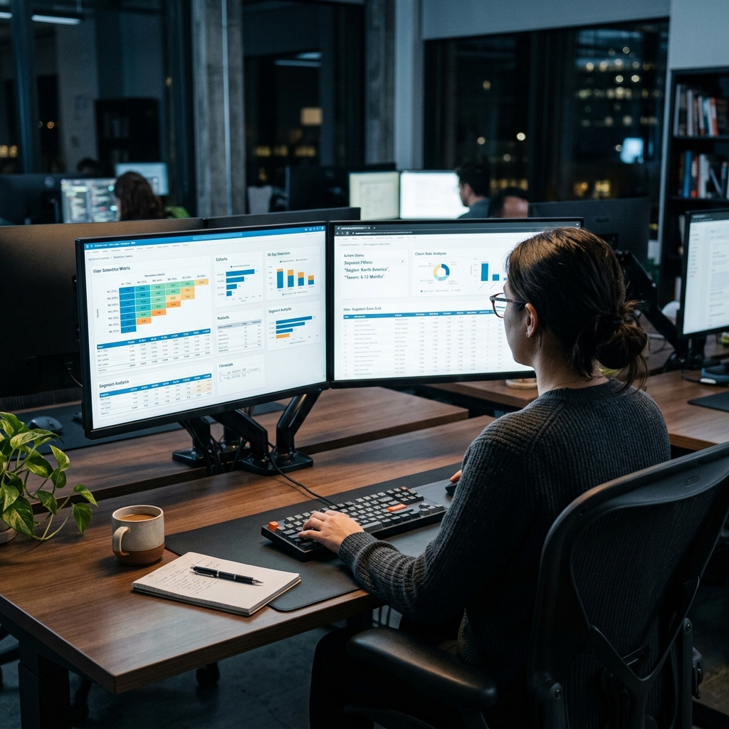 Developer monitoring multi-monitor retention dashboard