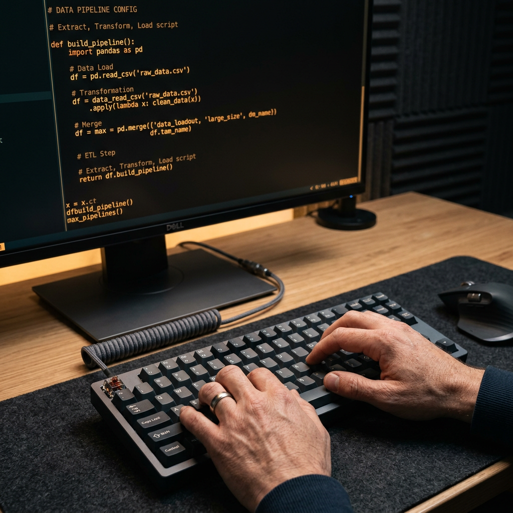 Developer coding data pipeline architecture at keyboard