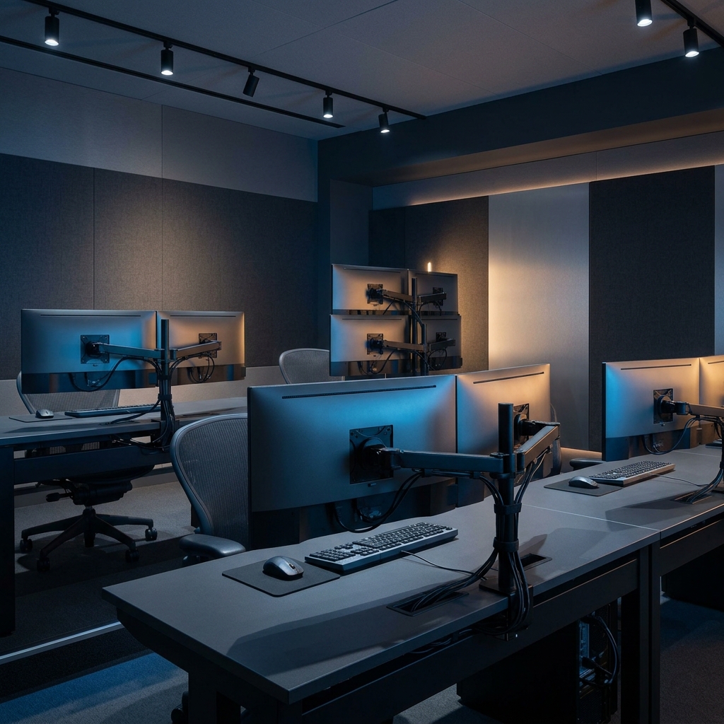 Analytics monitoring dashboard workspace with multiple screens