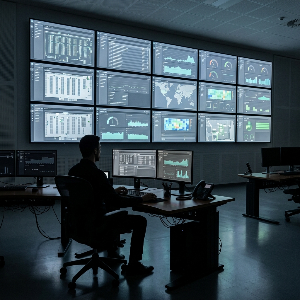 Data operations control room with multi-monitor setup