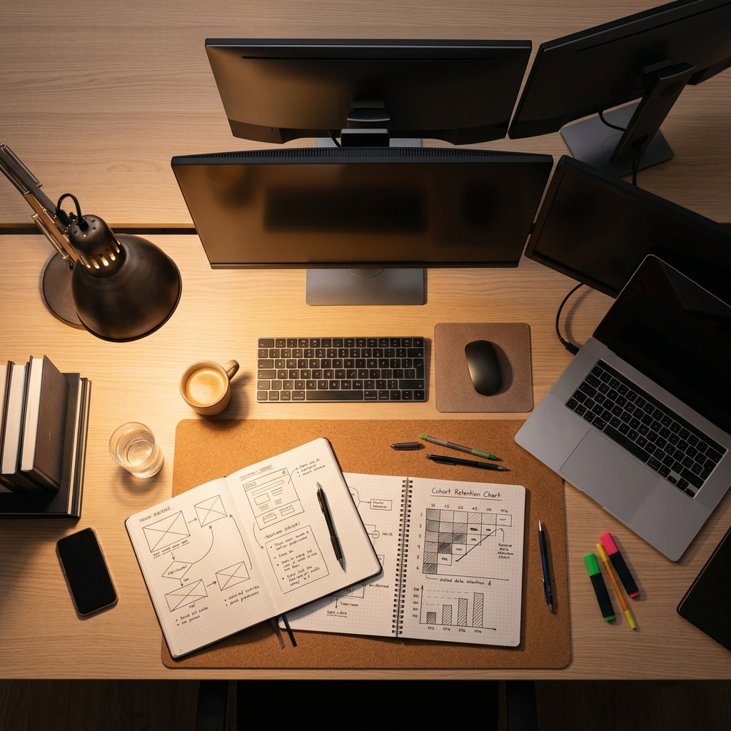Analytics workspace with retention dashboards and planning notebooks