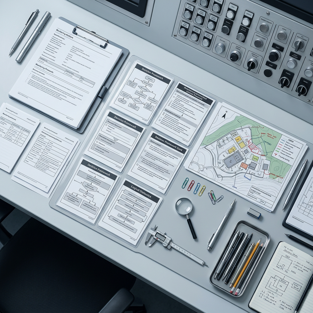 Strategic monitoring station with organized planning artifacts