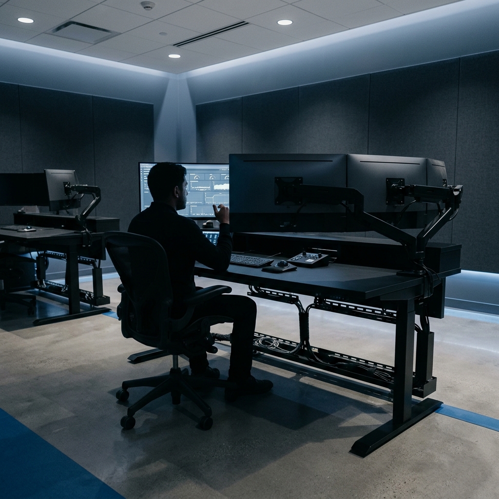 Multi-monitor control room tracking metrics and dashboards