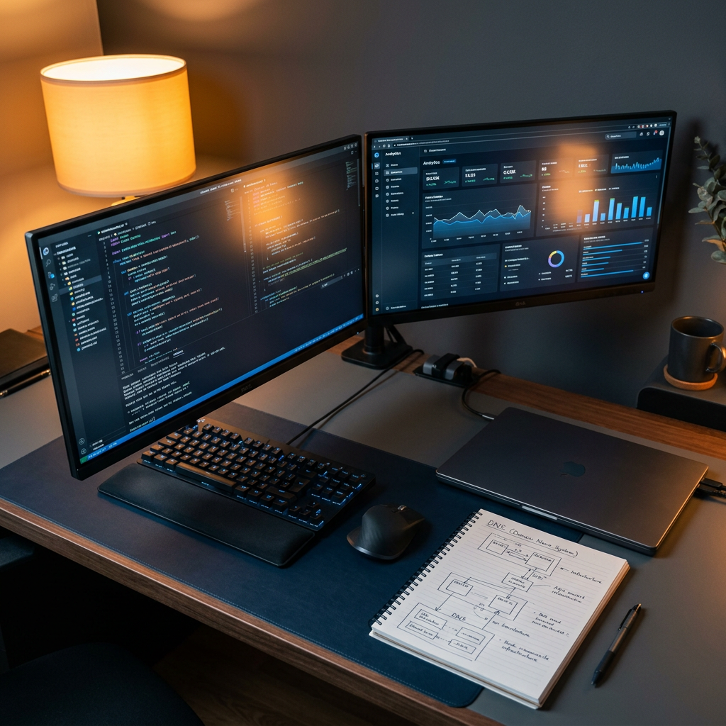 Developer workspace with dual monitors showing code and analytics