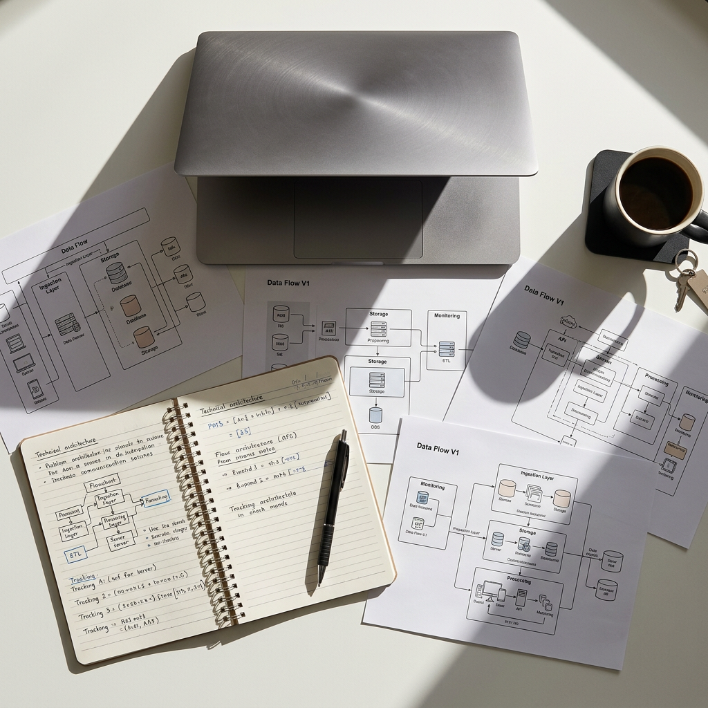 Overhead view of developer workspace with architecture notes