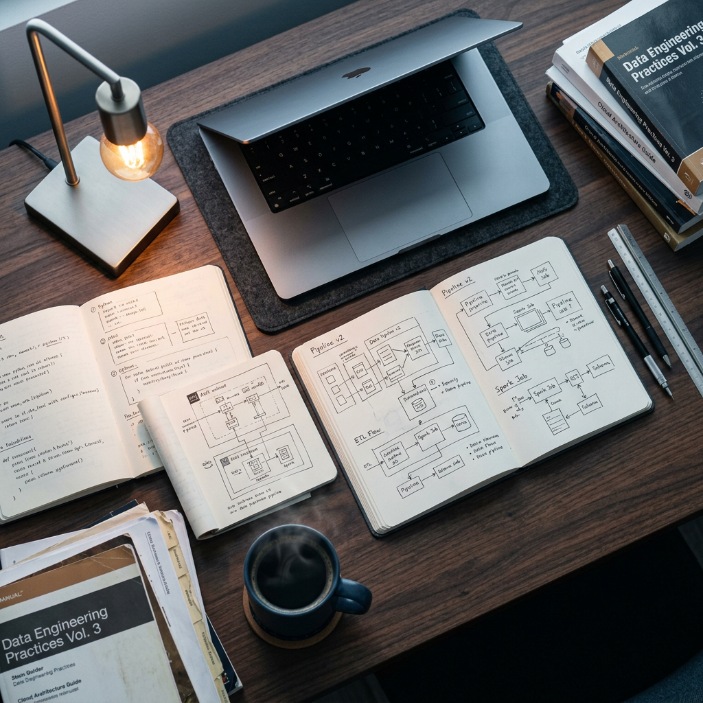 Data engineer workspace with pipeline architecture sketches