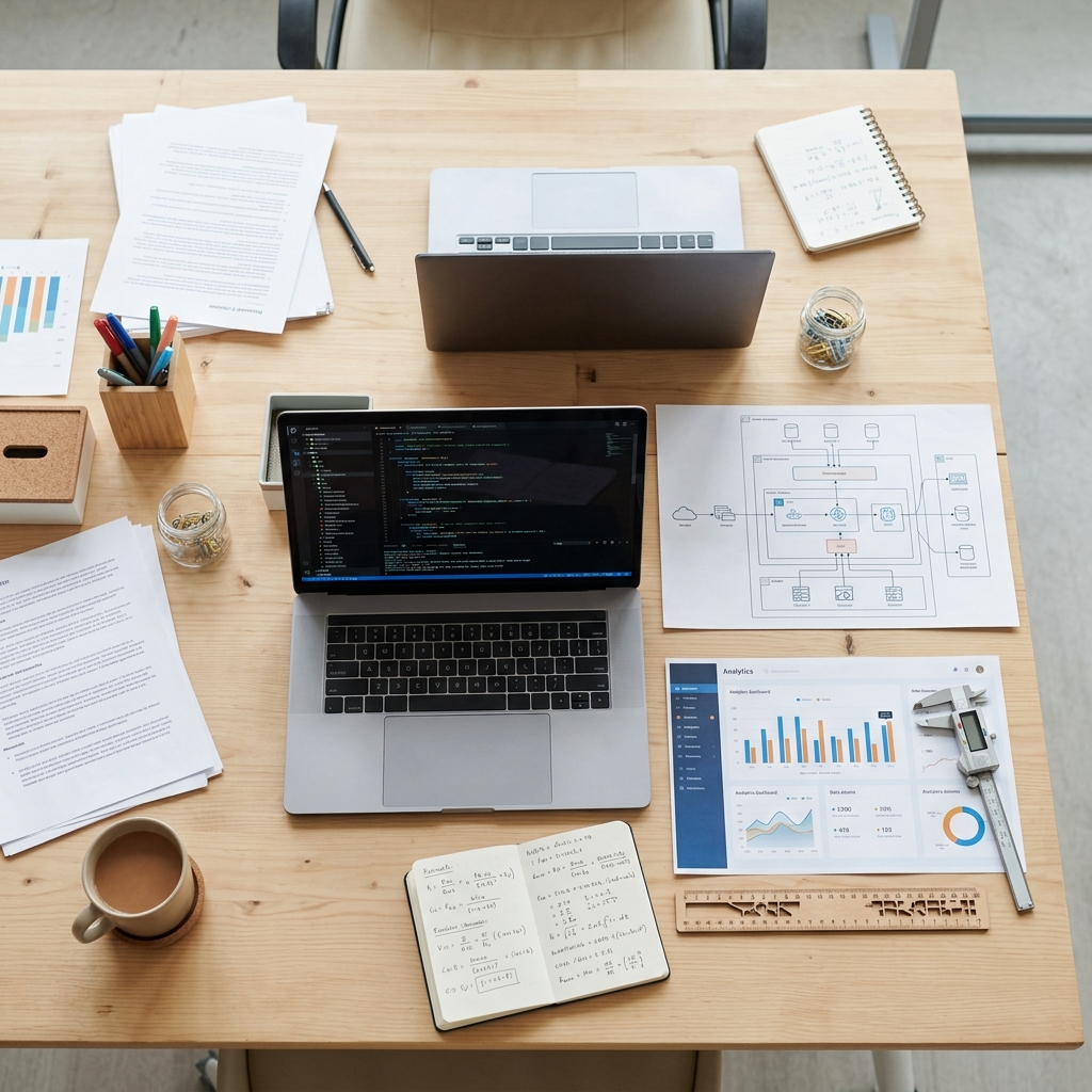 Overhead workspace with code, dashboards, and architecture plans