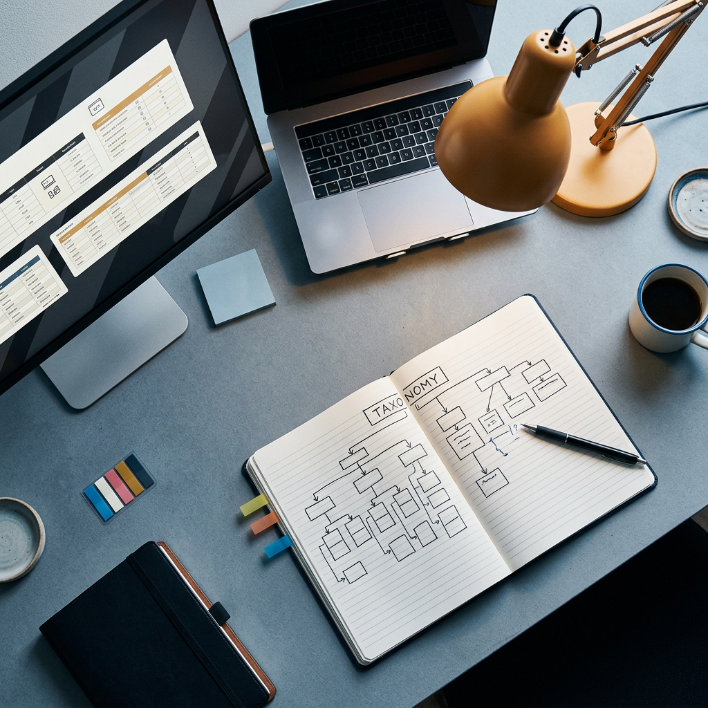 Overhead workspace with event taxonomy documentation