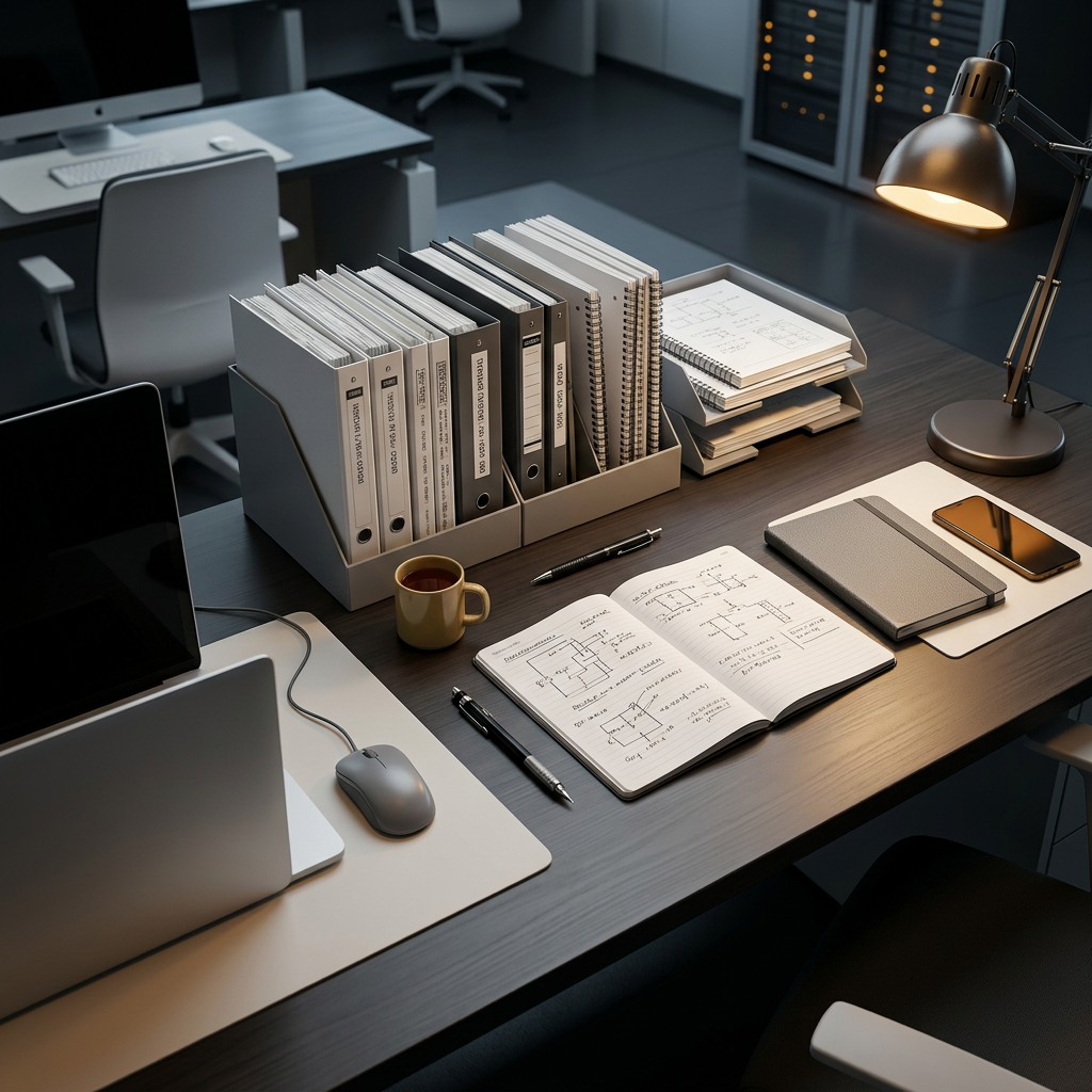 Organized technical workspace with tracking infrastructure documentation and laptop
