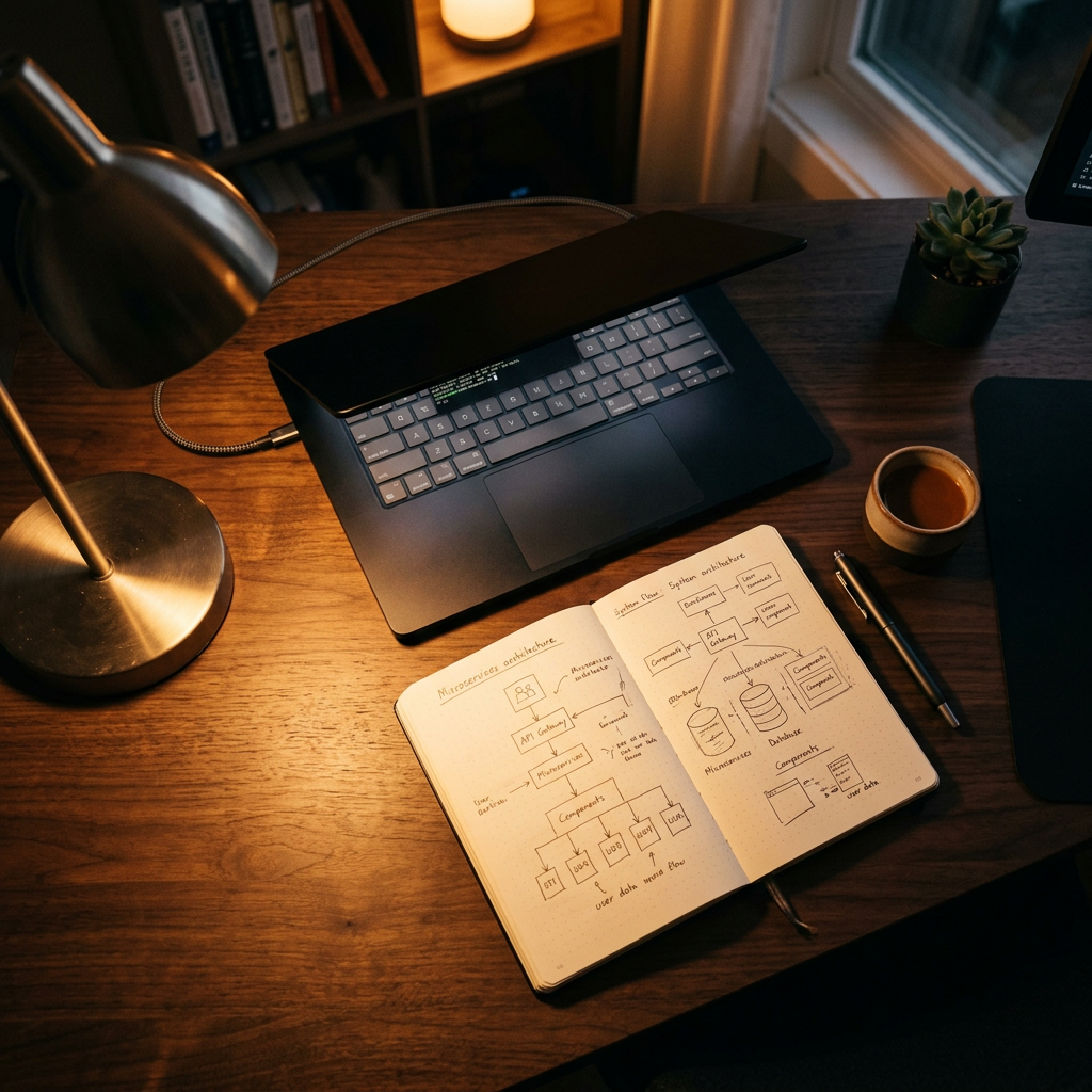 Developer workspace with code and tracking architecture notes