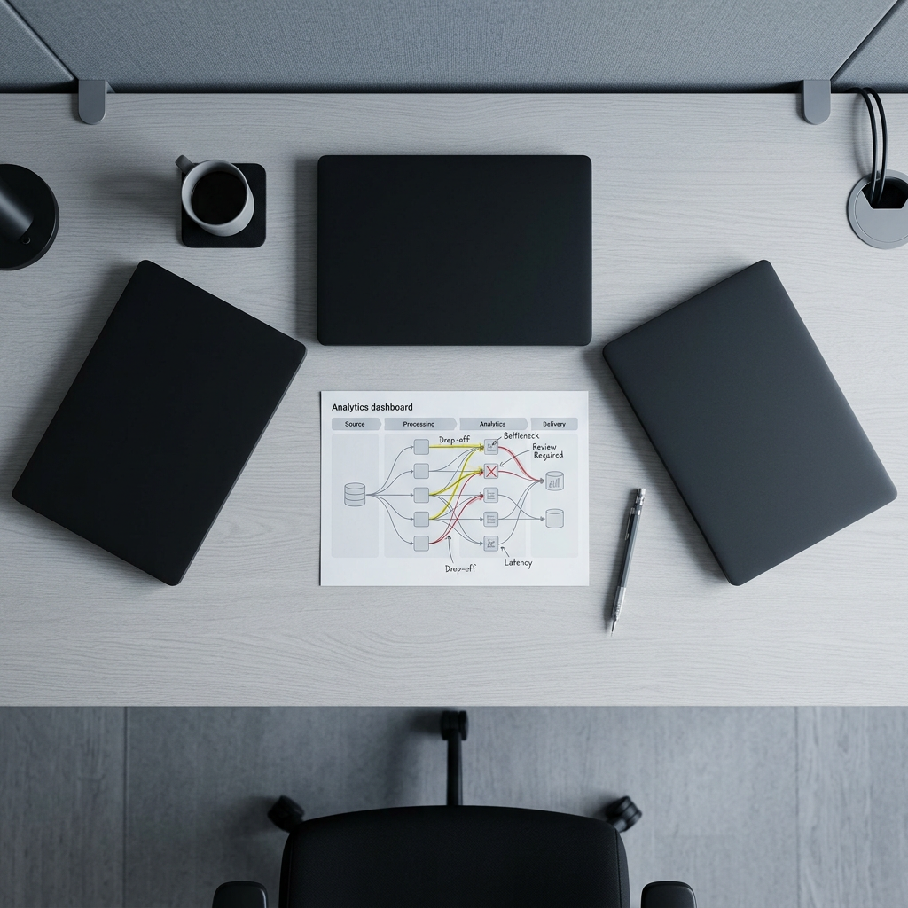 Control room monitoring data pipeline stages and funnel metrics