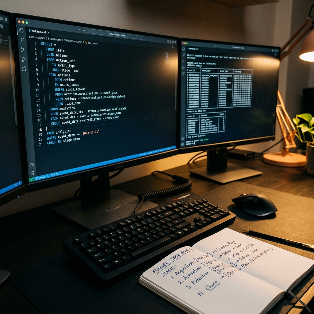 Developer analyzing funnel queries on multiple monitors