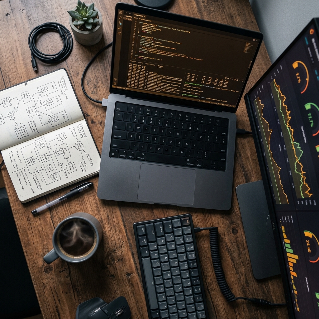 Developer workspace with terminal code and monitoring notebooks