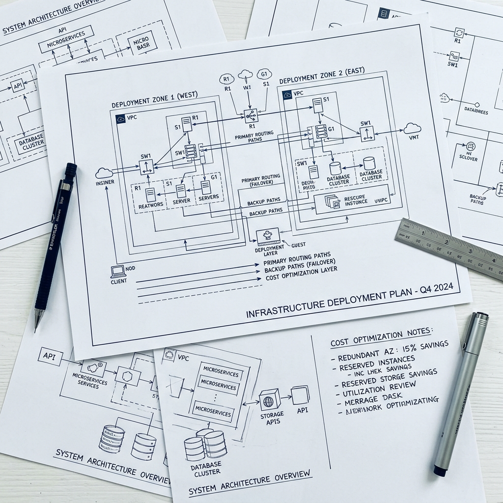 Infrastructure planning blueprints and architecture sketches on desk