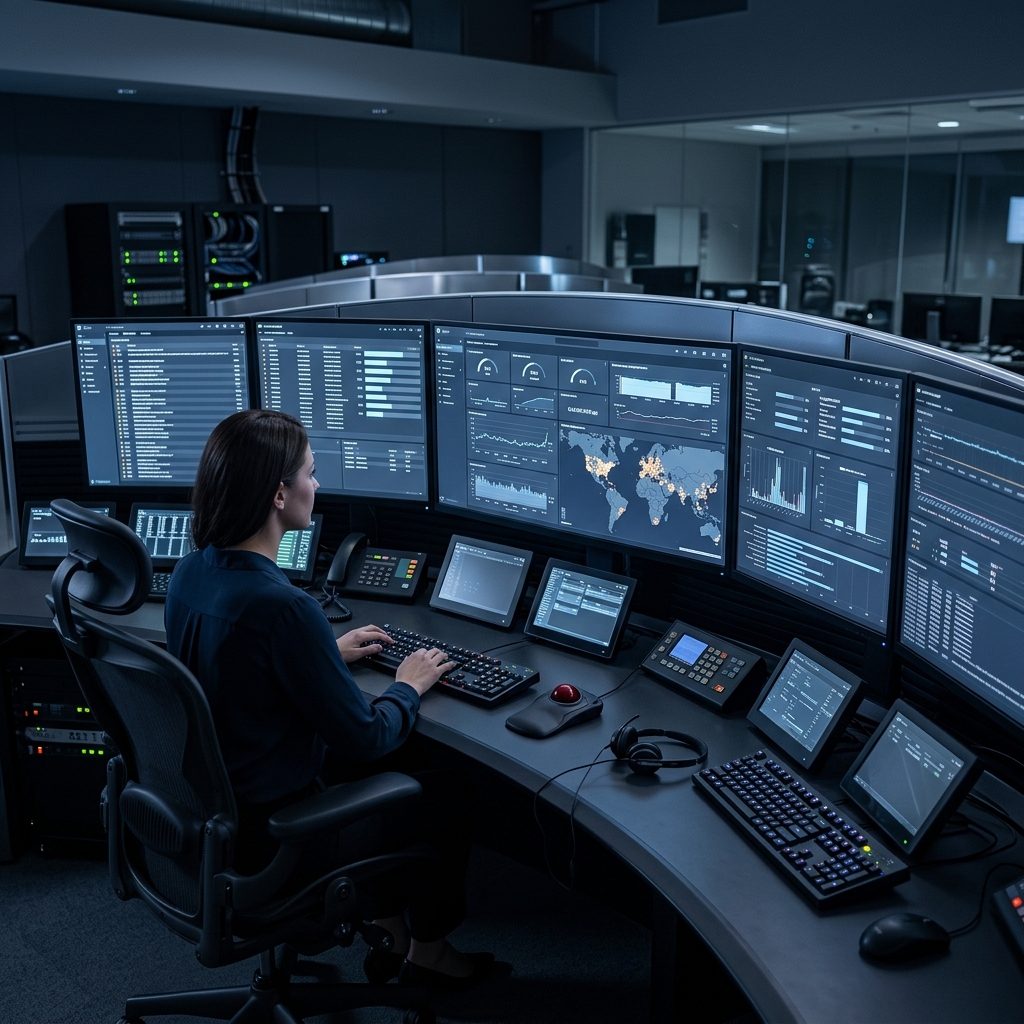 Operations control room monitoring scaled infrastructure dashboards