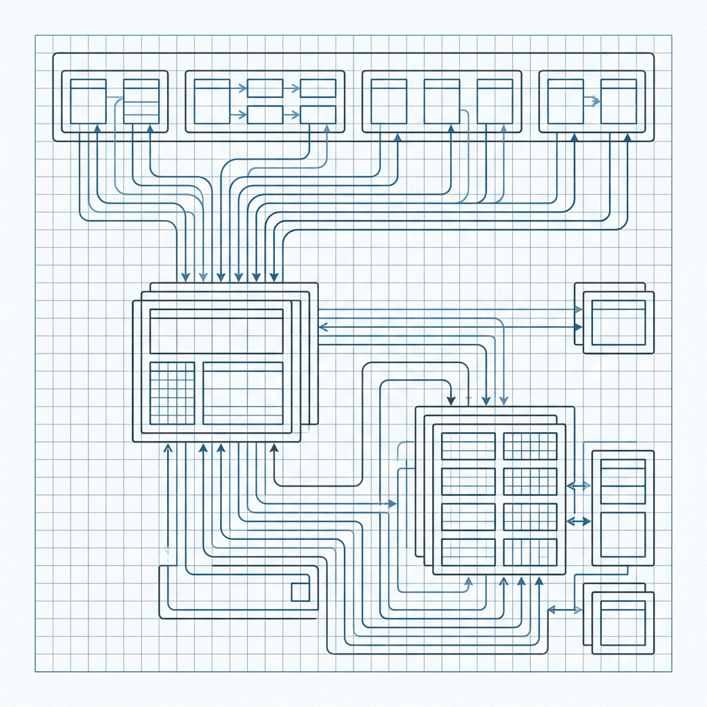Technical blueprint diagram of server-side tracking architecture layers