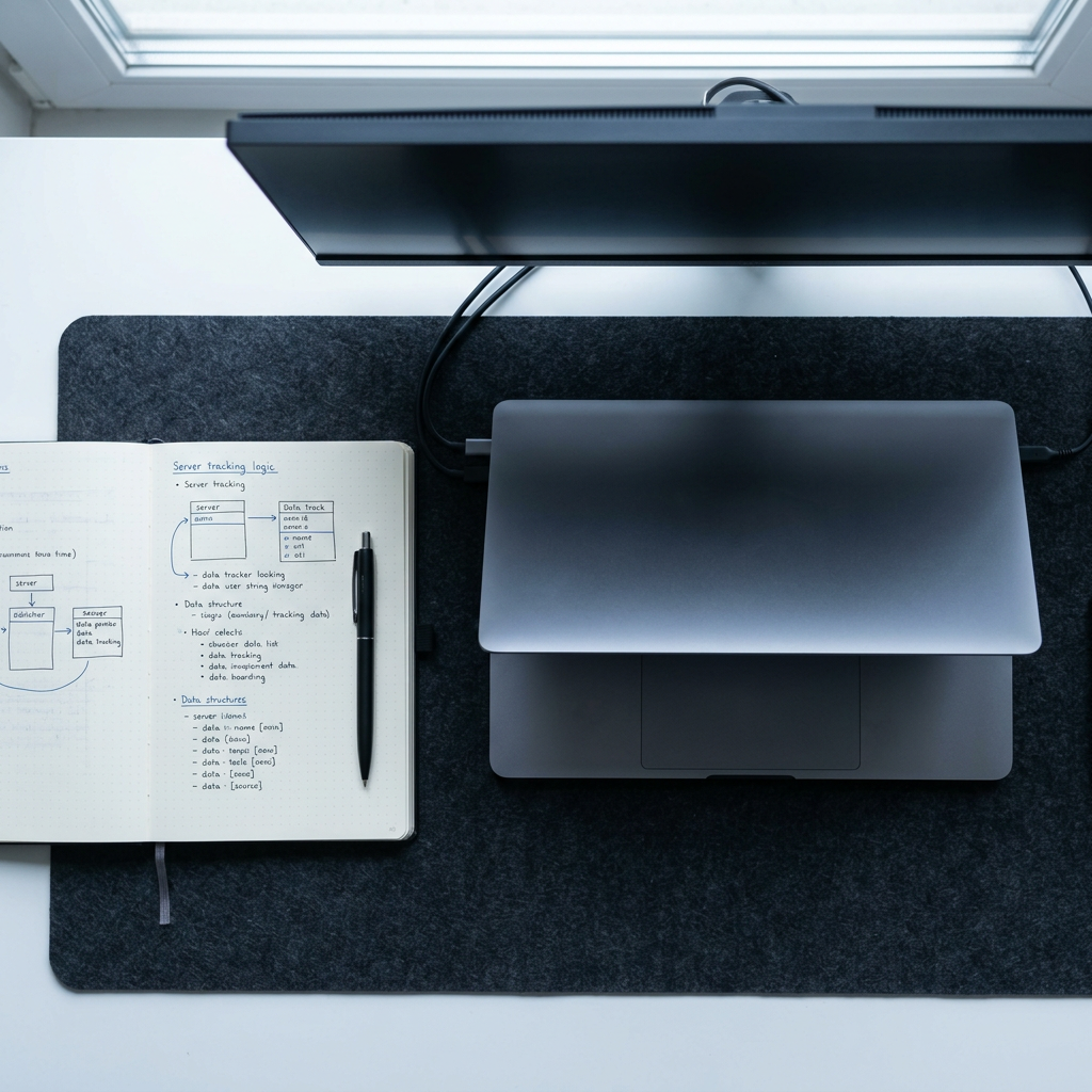 Overhead workspace with GTM architecture planning materials
