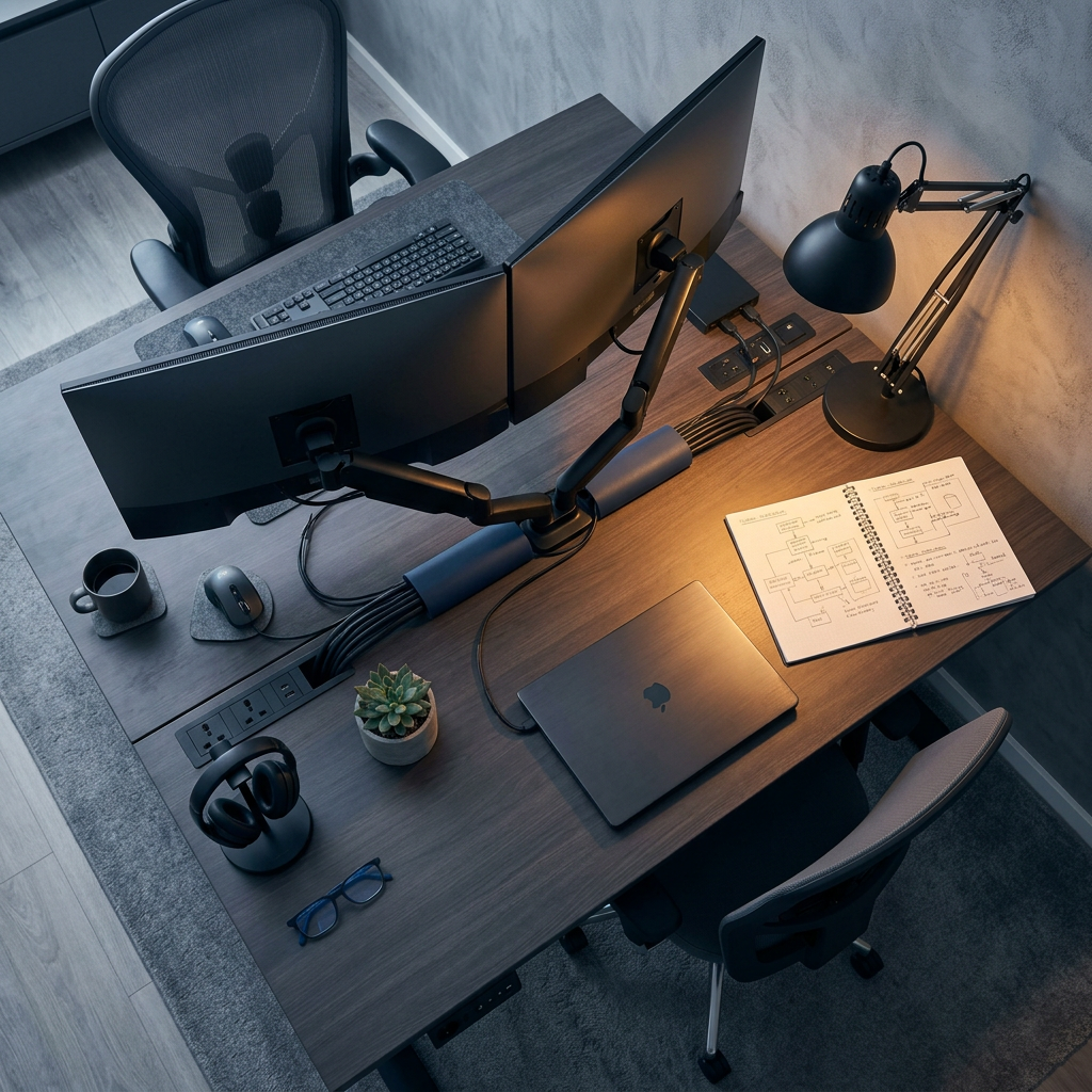 Engineer monitoring server infrastructure at dual monitors