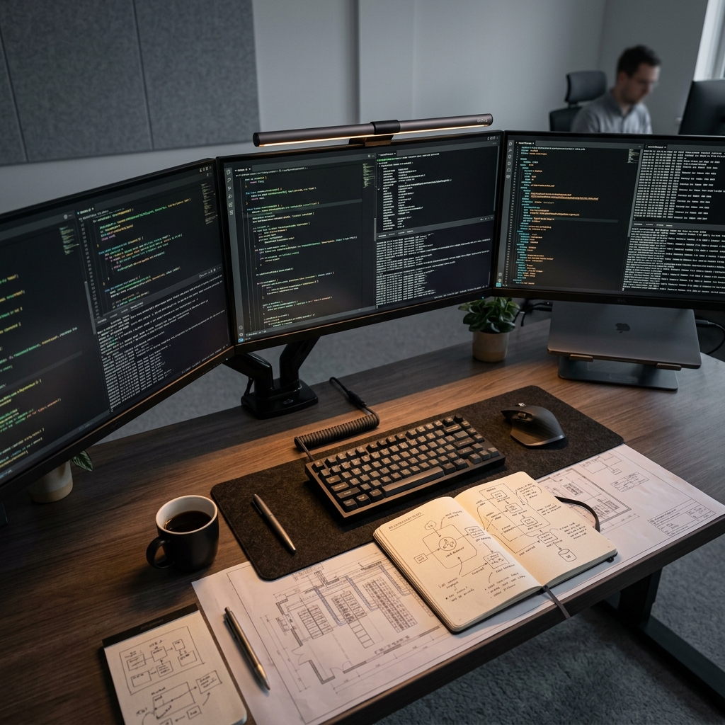 Developer workspace with code and infrastructure diagrams