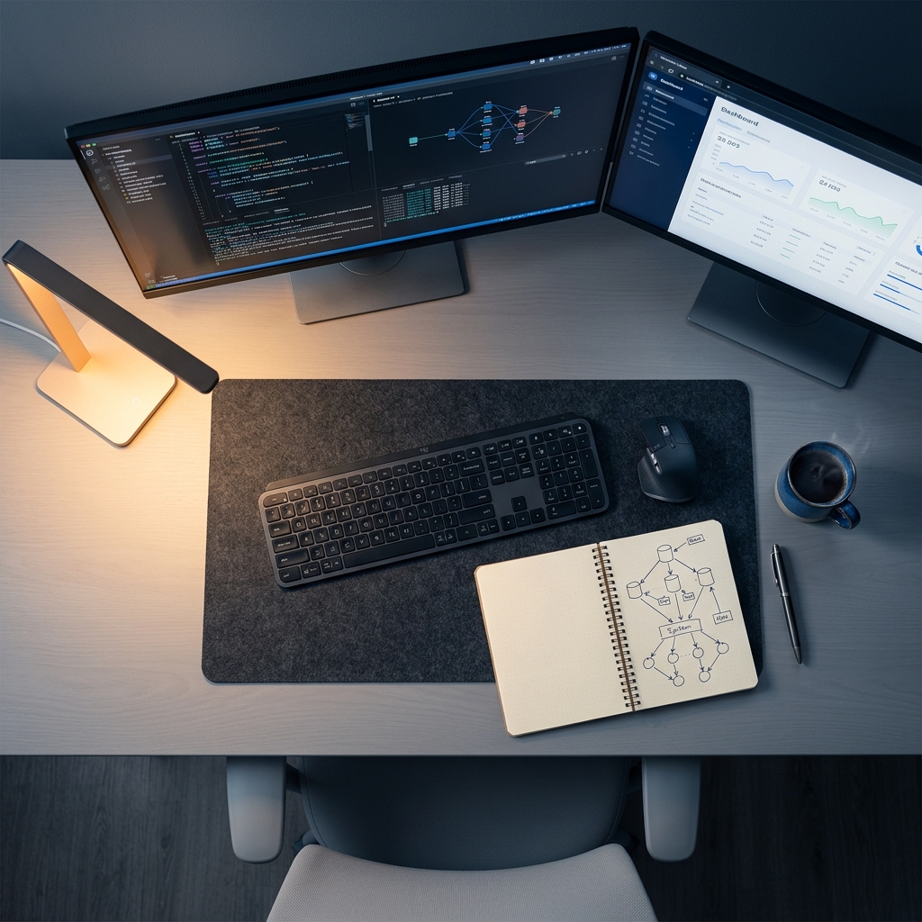 Developer workspace with dual monitors showing data infrastructure