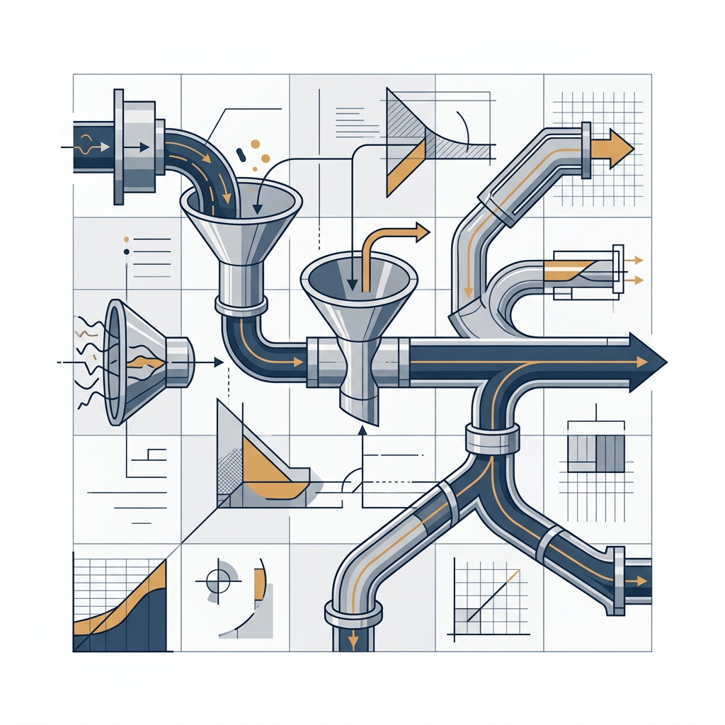 Data pipeline architecture diagram with funnel visualization