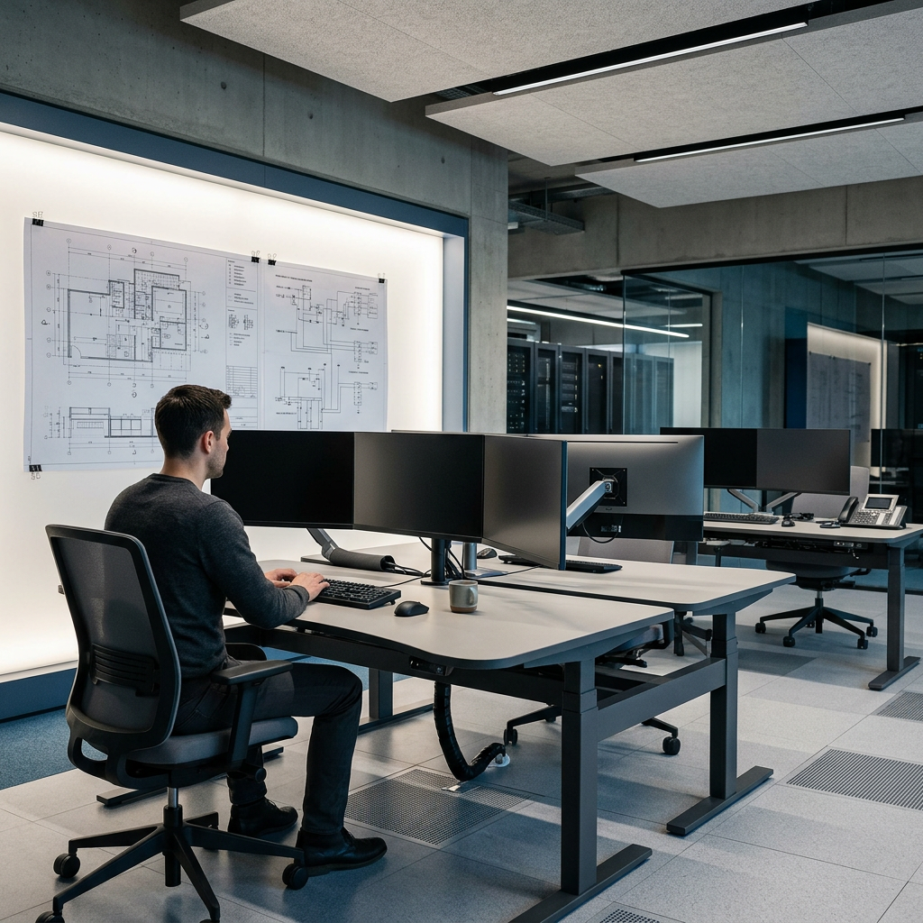 Data engineer monitoring analytics infrastructure at multi-monitor workstation