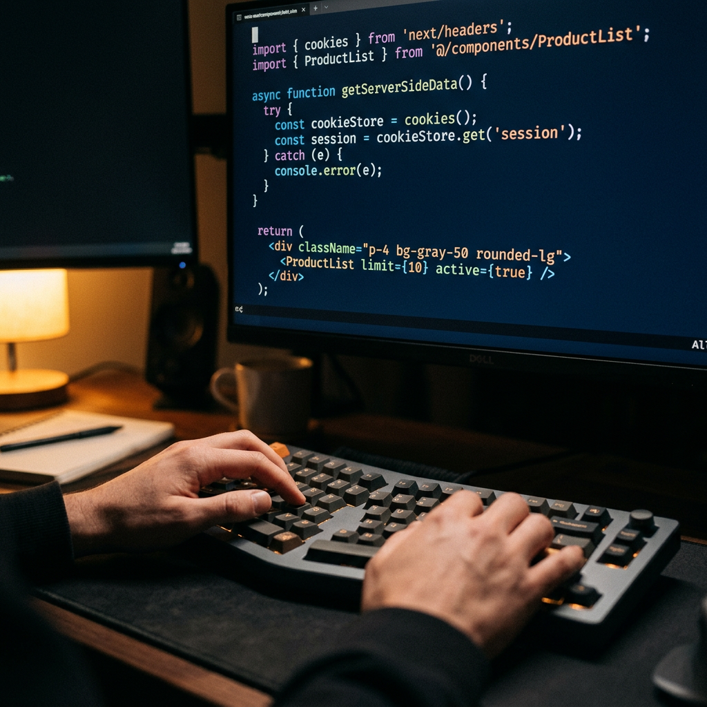 Developer typing Next.js server component code on dark terminal