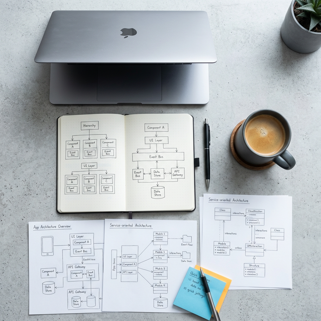 Overhead workspace with dashboard architecture sketches and laptop