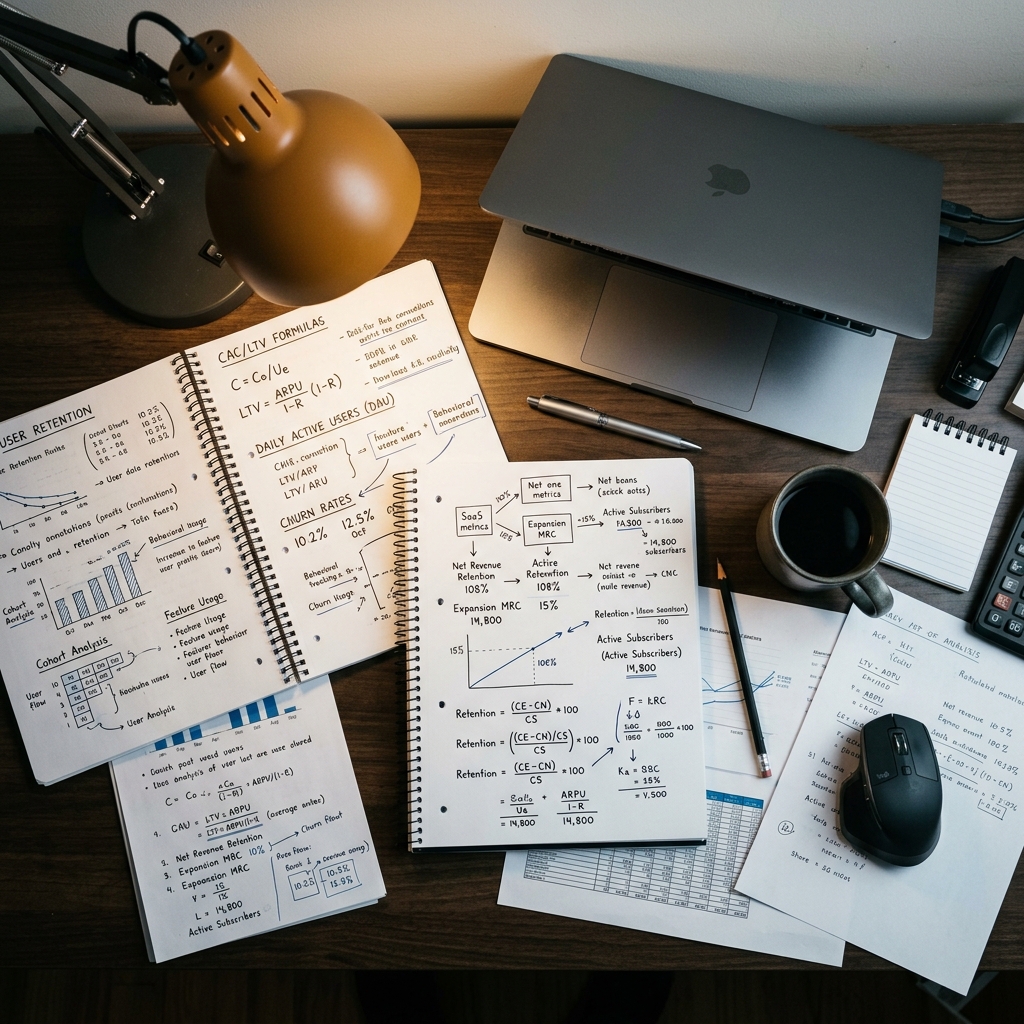 Analyst workspace with retention metrics notes and dark terminal