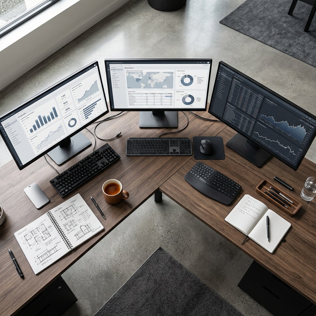 Three analytics dashboards on workspace for platform comparison