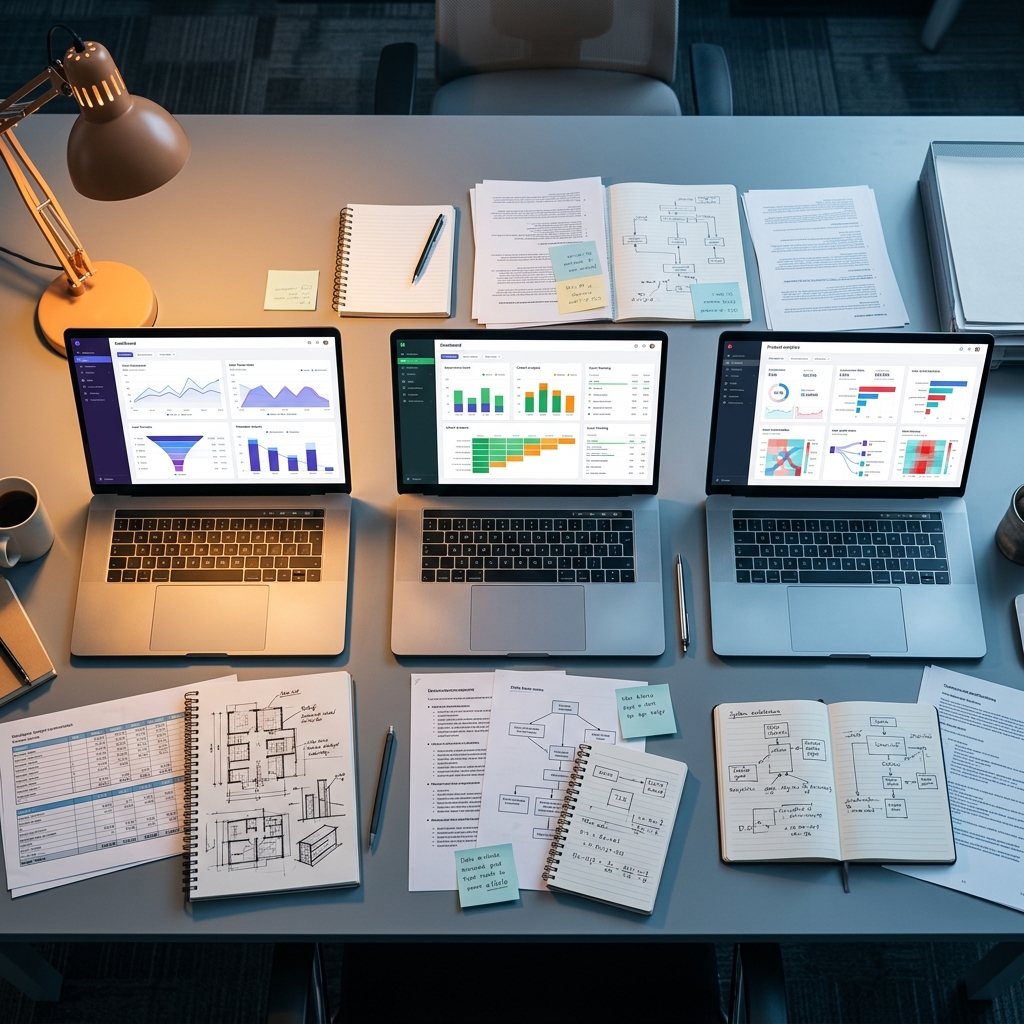 Three laptop workstations comparing analytics platforms