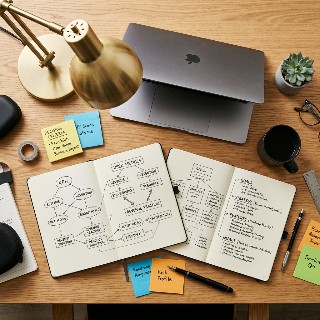 Product manager workspace with metric frameworks and dashboards