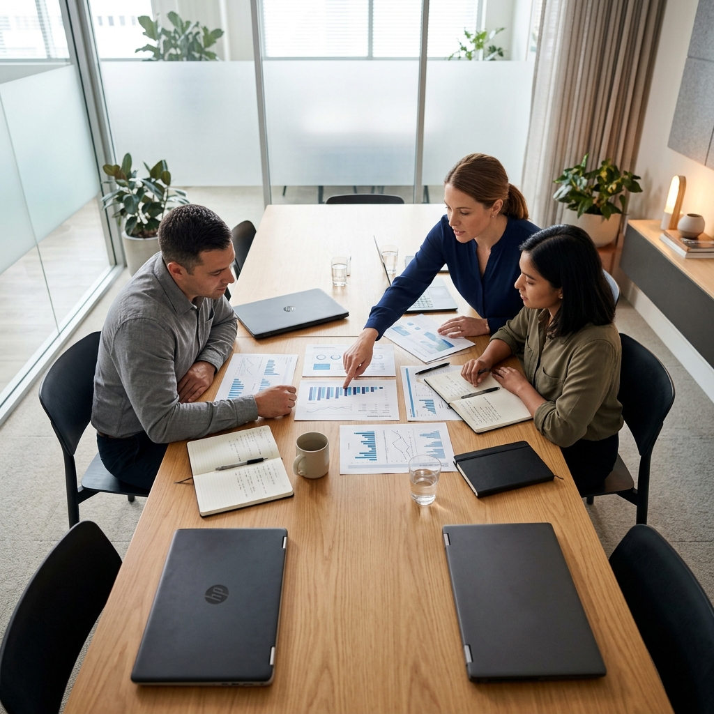 Team conducting data-driven meeting with printed dashboards and notebooks