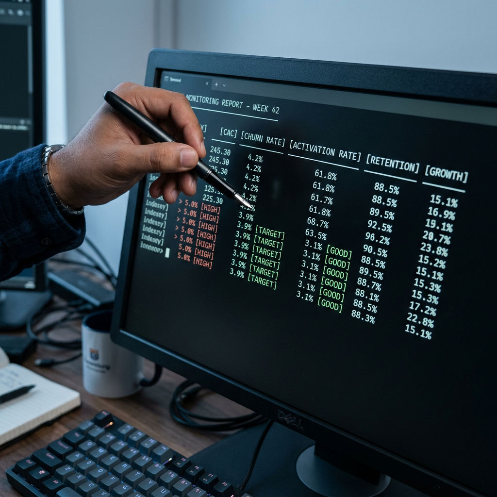 Terminal screen showing SaaS benchmark metrics data