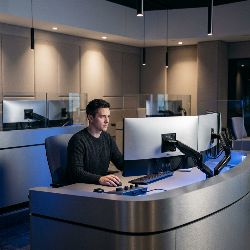 Engineer monitoring multi-screen data dashboard system