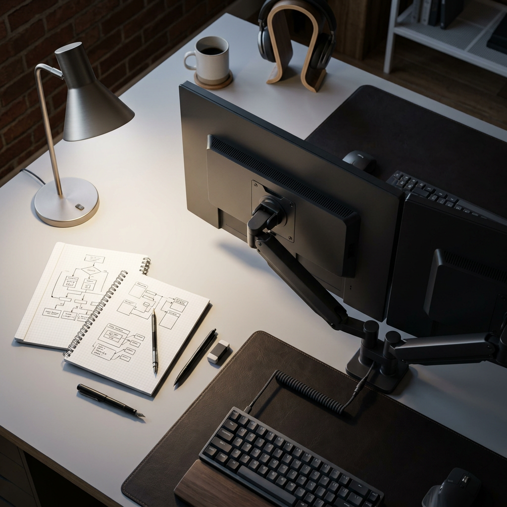 Data engineer designing semantic layer architecture at dual monitors