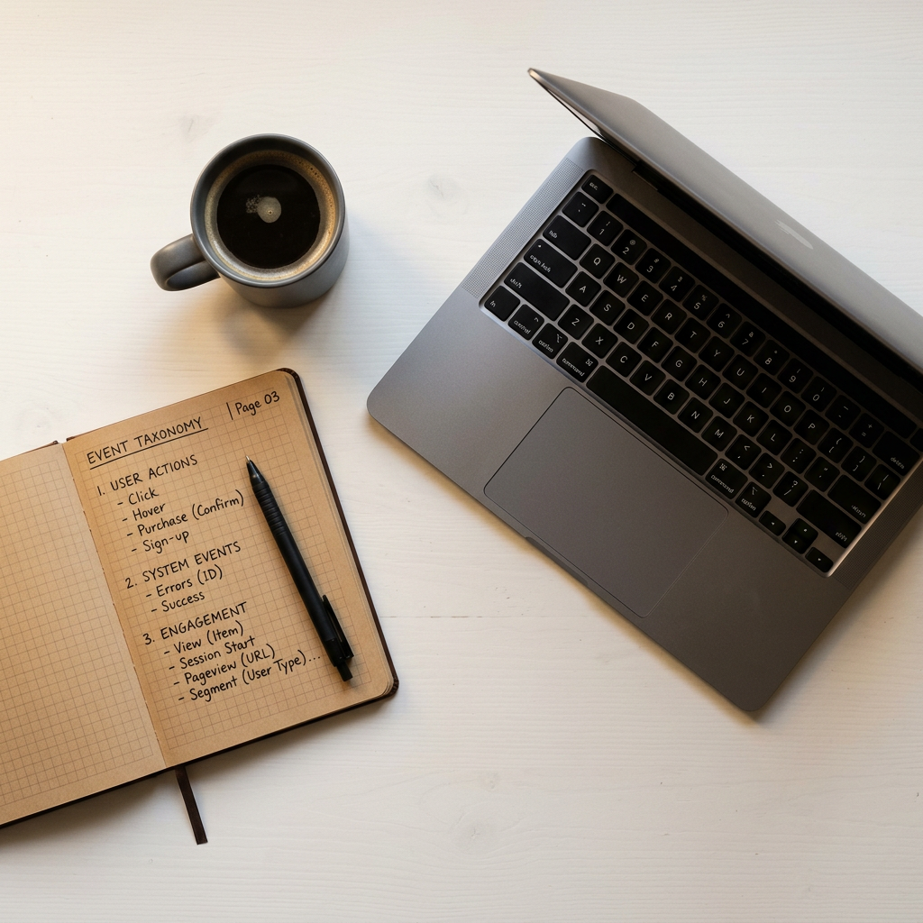 Organized workspace with laptop and tracking implementation notes